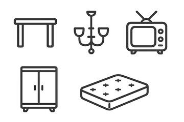 Furniture line icon set. Home living essentials. Table, closet, chandelier, retro TV, mattress symbols. Interior design elements. Editable stroke vector illustration.