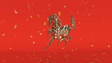 Festive 2026 Year of the Horse. Golden numbers, elegant floral horse, and auspicious symbols on a vibrant red background. Ideal for Lunar New Year and celebration designs.