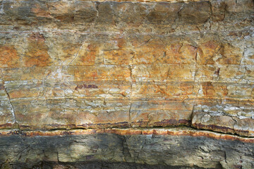 Close-up of layered sedimentary rock on a coastal cliff in Sakushima, Aichi Prefecture, Japan, showing natural geological textures and colors.