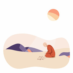 Monk meditating on sandy terrain under a sunset sky  