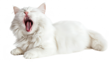 A fluffy white cat yawning contentedly while lounging on a soft surface. its striking features and relaxed demeanor. perfect for pet-related content or lifestyle imagery