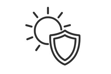 Fototapeta premium Sun protection shield icon, UV defense symbol, sun safety concept, solar rays, outline vector, graphic design element for sunscreen, summer, skin care, health, shade, security, prevention