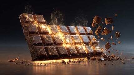 a dynamic graphic of a breaking chocolate bar. the chocolate is shattering into large pieces, with sparks of what appears to be caramel or candy flying off the fragments