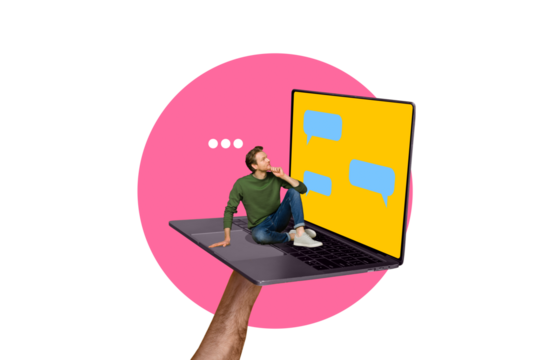 Photo collage picture young sitting thoughtful man laptop pc communication social network remote dialog conversation think decide answer