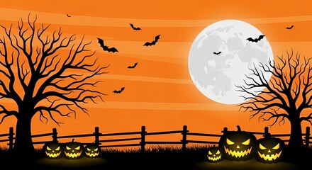 Spooky Halloween Night Landscape Background with Glowing Jack-o'-Lanterns and Bats, offering ample copy space for festive designs and seasonal promotions