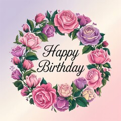 Birthday Greeting Card Pink Purple Roses Floral Frame Vector Illustration