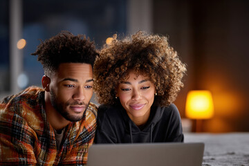 Young couple, an African American man and woman, are engaged with a laptop in cozy living space, surrounded by warm lighting, creating a welcoming atmosphere for new housing experience