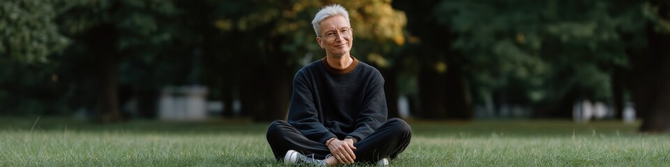 Fototapeta premium Mature caucasian male relaxing in park with peaceful expression on a sunny day
