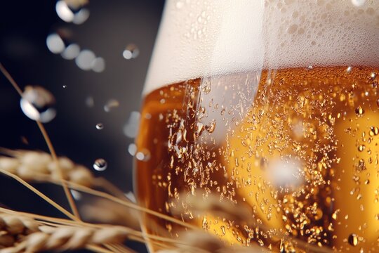 Refreshing glass of golden beer with foam and hops on a light background