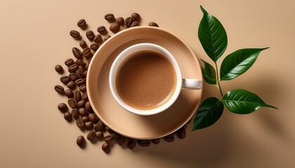 Fototapeta premium Minimalist Coffee Cup With Green Plant And Coffee Beans On Beige Background