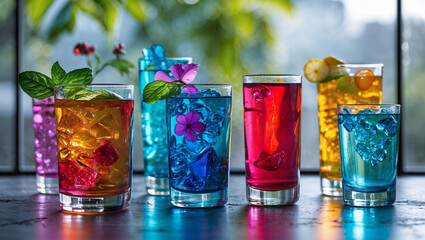 A background of colored drink glasses
