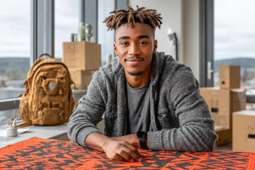 Young man with stylish hair sits at a table in a modern room, surrounded by moving boxes and a backpack, reflecting on the excitement of moving into new housing