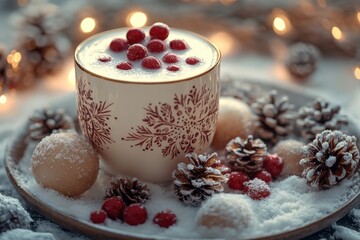 Hot chocolate cup with candle and Christmas decorations.