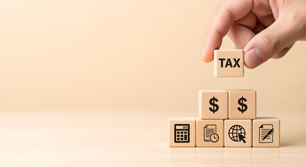 Tax Financial Business Planning Hand Wooden Blocks Copy Space