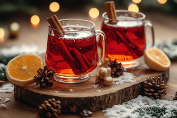 glasses of mulled tea with cinnamon and orange slices.