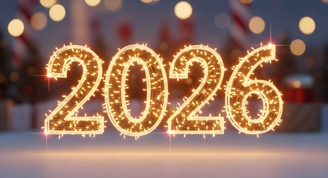 Christmas lights forming numbers '2026', glowing typography, festive New Year theme - Powered by Adobe