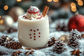 Glass of hot chocolate topped with whipped cream and cinnamon.