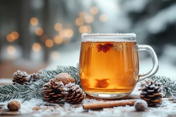 Tea cup with holly and pine branch.