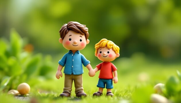 3d clay illustration of father and son holding hands outdoors symbolizing family bonding, parenting, childhood, and emotional connection.