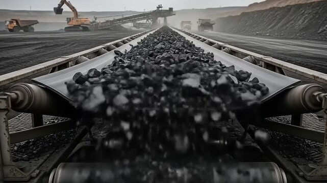 Coal mining conveyor belt transporting black coal rocks in open pit mine.