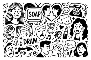 Soap opera doodle composition with drama, romance, emotions and television symbols, Transparent Background