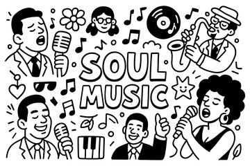 Soul music doodle composition with singers, microphone, vinyl and retro sound symbols, Transparent Background