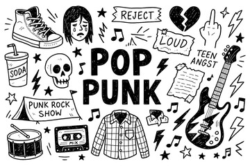 Pop punk music doodle with guitars, drums, sneakers, vinyl, spray paint and rebellious youth symbols, Transparent Background