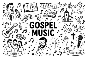Gospel music doodle with choir singers, bible, church, jesus figure, cross and musical notes, Transparent Background