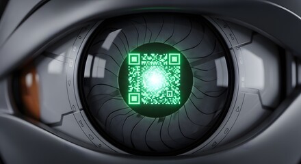 Futuristic robotic eye with a glowing green QR code as its digital pupil, symbolizing advanced artificial intelligence and data scanning capabilities
