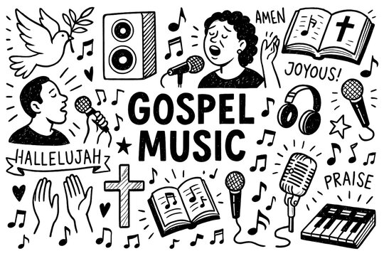 Gospel music doodle with choir singers, bible, church, jesus figure, cross and musical notes, Transparent Background