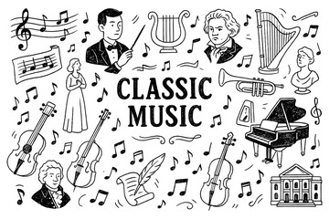 Obraz premium Classical music doodle with composers, piano, violin, harp, conductor and baroque decorative elements, Transparent Background
