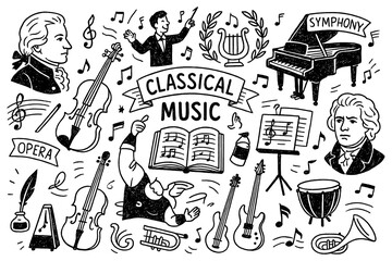 Classical music doodle with composers, piano, violin, harp, conductor and baroque decorative elements, Transparent Background