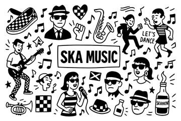 Ska music doodle with dancers, saxophone, trumpet, checkerboard pattern and Jamaican culture elements, Transparent Background