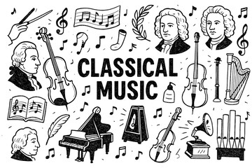 Classical music doodle with composers, piano, violin, harp, conductor and baroque decorative elements, Transparent Background