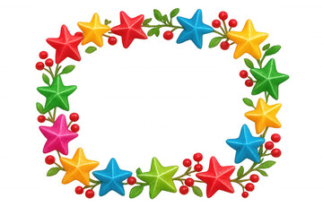 Colorful star wreath forming oval frame with holly berries and green leaves, celebrating festive season with transparent background