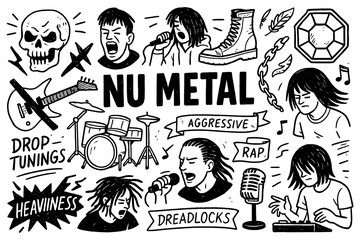 Nu metal doodle with aggressive singer, dj turntable, guitar, skulls, chains and heavy riffs symbols, Transparent Background