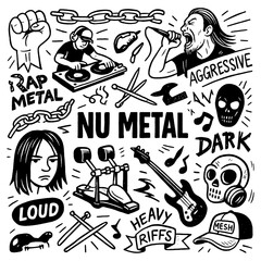 Nu metal doodle with aggressive singer, dj turntable, guitar, skulls, chains and heavy riffs symbols, Transparent Background