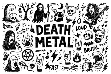 Death metal doodle composition with skulls, guitarist, amplifier, grim reaper and horror symbols, Transparent Background