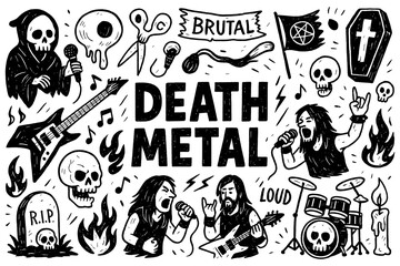 Death metal doodle composition with skulls, guitarist, amplifier, grim reaper and horror symbols, Transparent Background