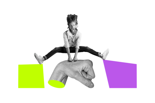 Creative collage picture young crazy man jump 3d hand body fragment fist kick punch weird bizarre concept drawing background