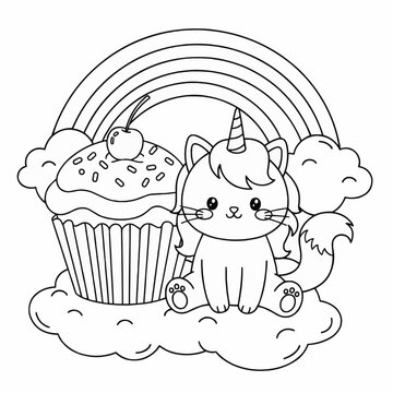 Whimsical Unicat with Sweet Cupcake and Magical Rainbow on Fluffy Clouds - Adorable Monochrome Line Art Illustration for Creative Projects and Coloring Books