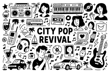 City pop revival doodle with retro 80s vibe, cassette tape, vinyl records, cocktails, palm trees and urban icons, Transparent Background