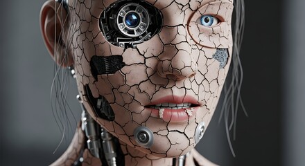 Cracked Humanoid A Stark Portrait of Decay and Artificiality in the Digital Age