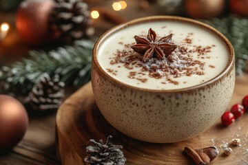 A cup of eggnog garnished with star anise and cinnamon.