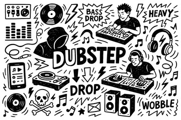 Dubstep music doodle with dj, speakers, vinyl, laptop, headphones and electronic sound symbols, Transparent Background