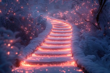 Snowy path lit with lights.