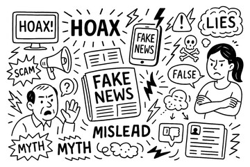 Hoax and fake news doodle composition with warning icons and disinformation symbols, Transparent Background