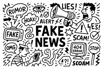 Hoax and fake news doodle composition with warning icons and disinformation symbols, Transparent Background