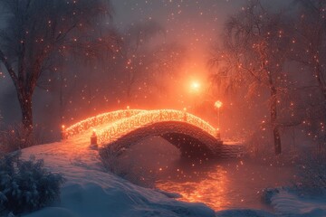 Fire erupting from snow-covered bridge.