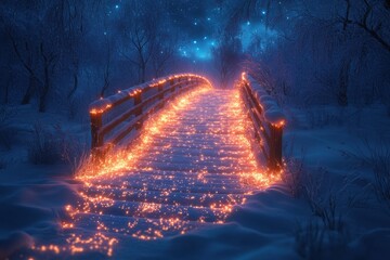 Fireflies illuminate a snowy path.